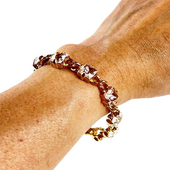 Vtg Swarovski Crystal Link Cocktail Station Bracelet Cushion Cut Goldtone Mint!